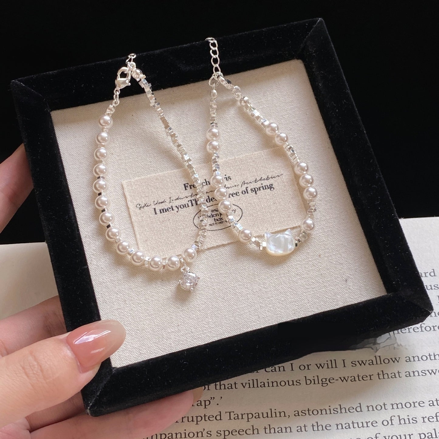 Pearl & Zircon Cat Charm Bracelet (Silver-Plated)