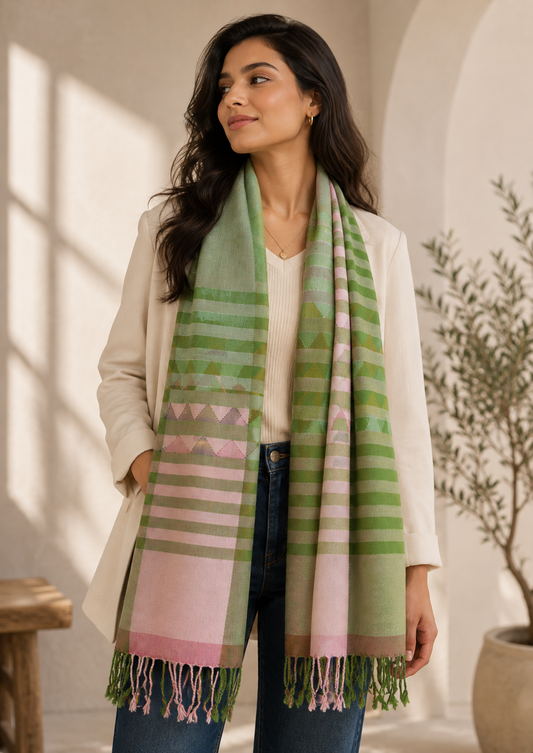 Hand Woven Pure Merino Wool Stole- Green and Pink