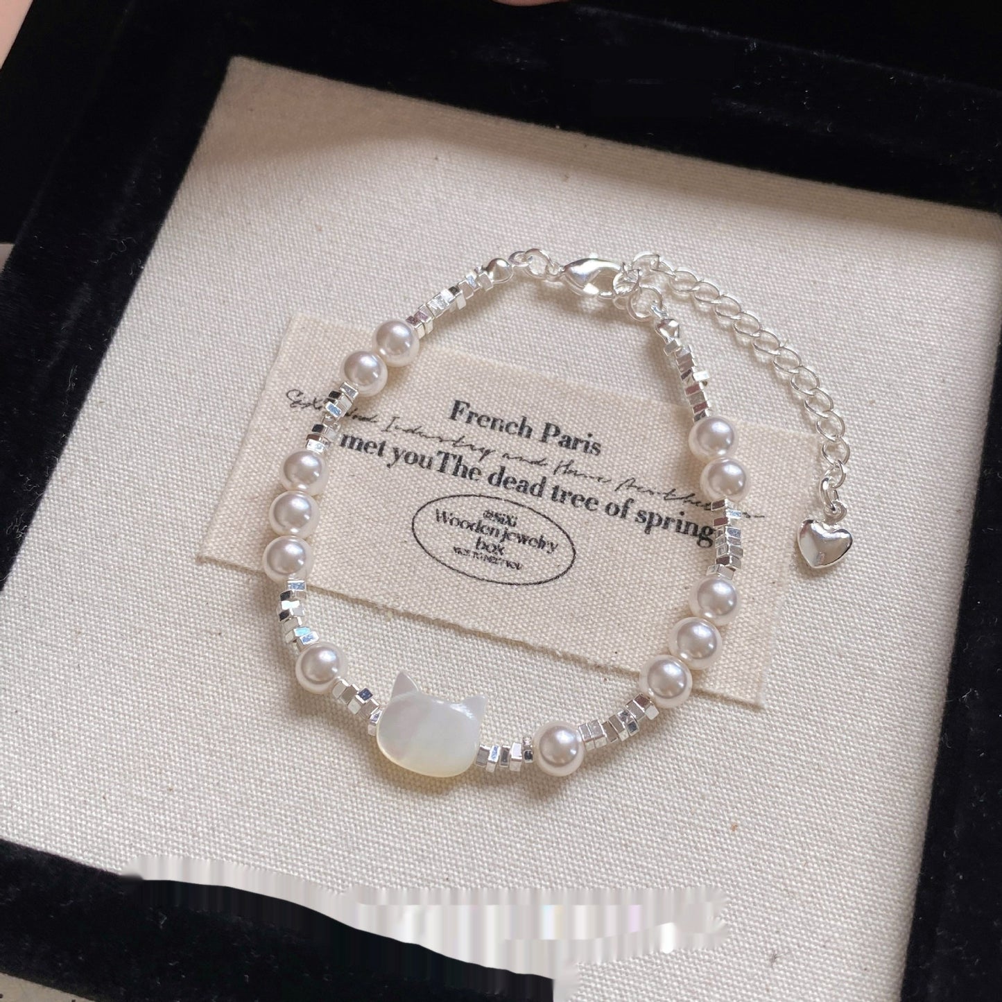 Pearl & Zircon Cat Charm Bracelet (Silver-Plated)
