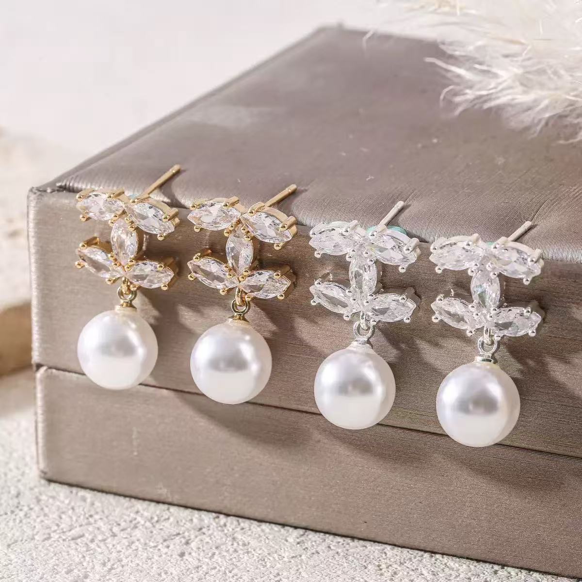 Pearl Zircon Earrings Womens Floral Design Ear Jewelry