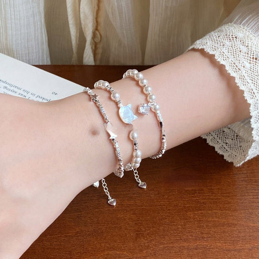 Pearl & Zircon Cat Charm Bracelet (Silver-Plated)