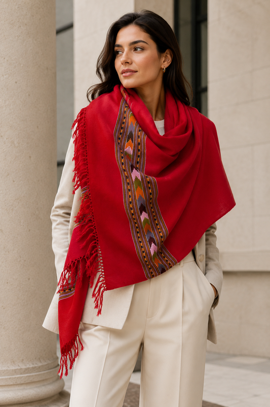 Hand Woven Pure Merino Wool Stole- Red