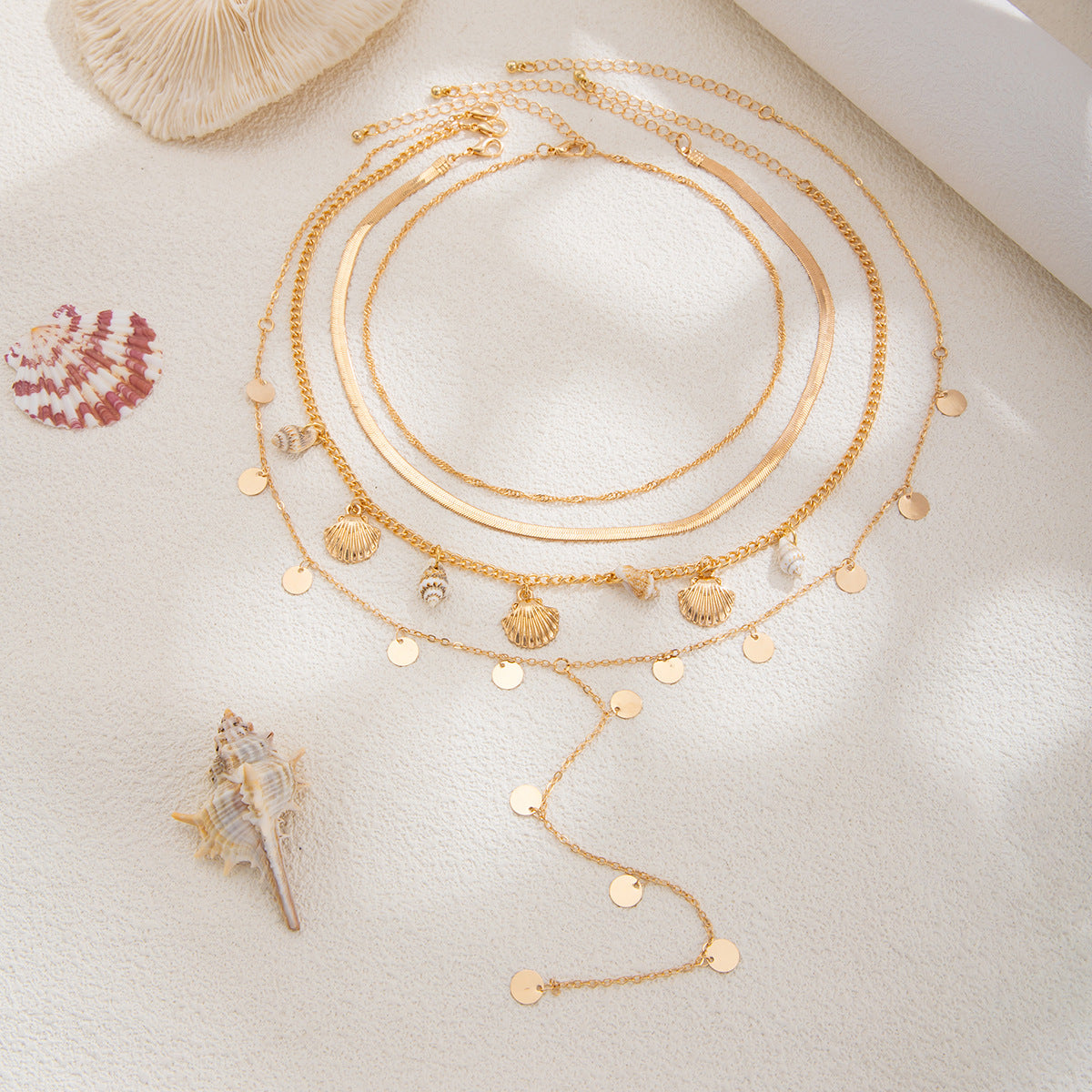 Seashell Sequin Chain Stacked Necklace