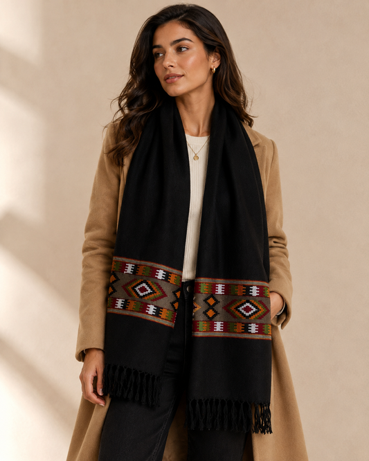 Hand Woven Pure Merino Wool Stole- Black