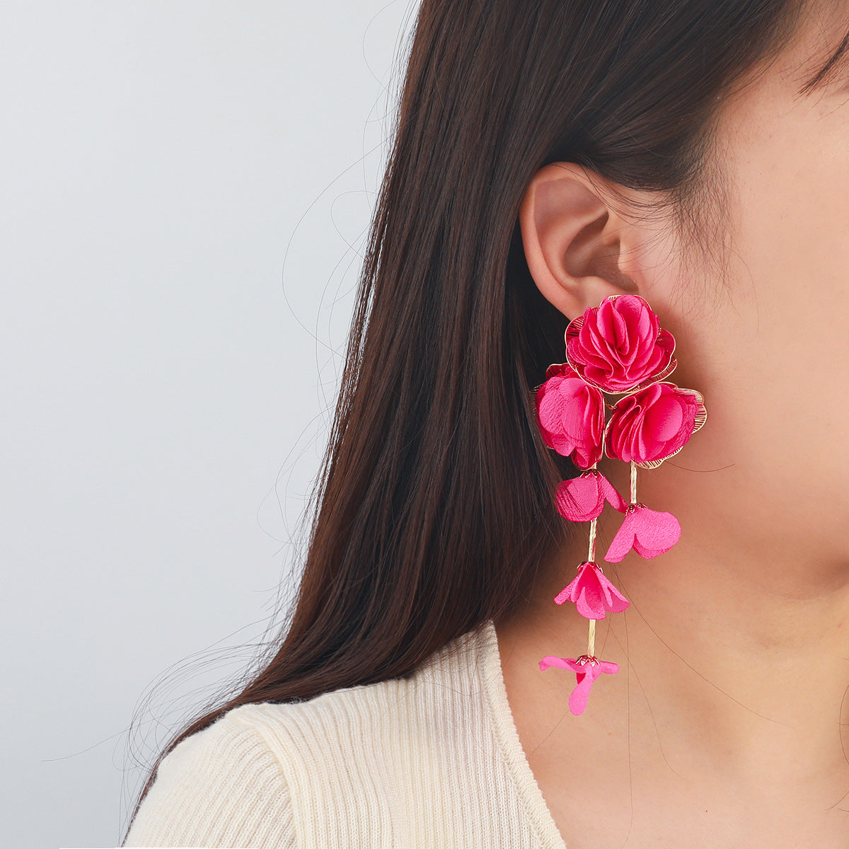 Chiffon Flower Tassel Drop Earrings