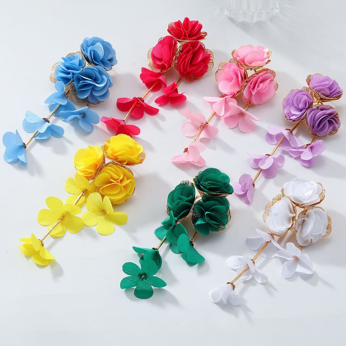 Chiffon Flower Tassel Drop Earrings