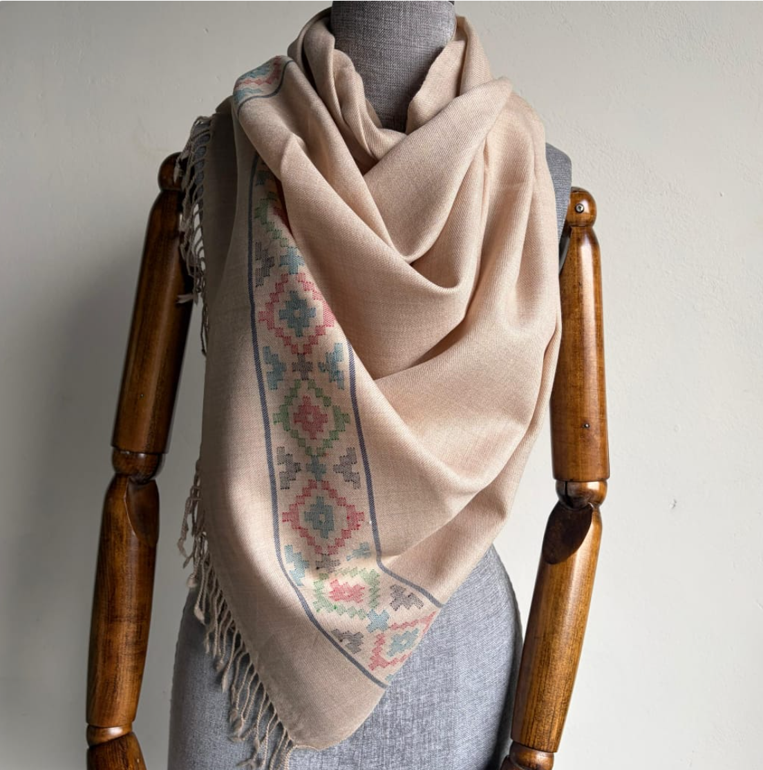 Hand Woven Pure Merino Wool Stole - Beige