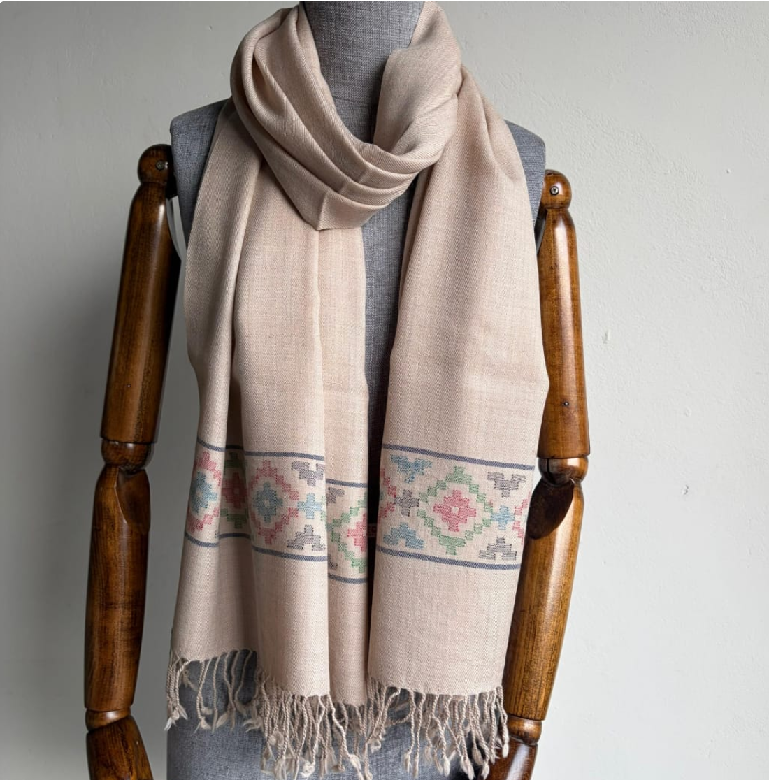 Hand Woven Pure Merino Wool Stole - Beige