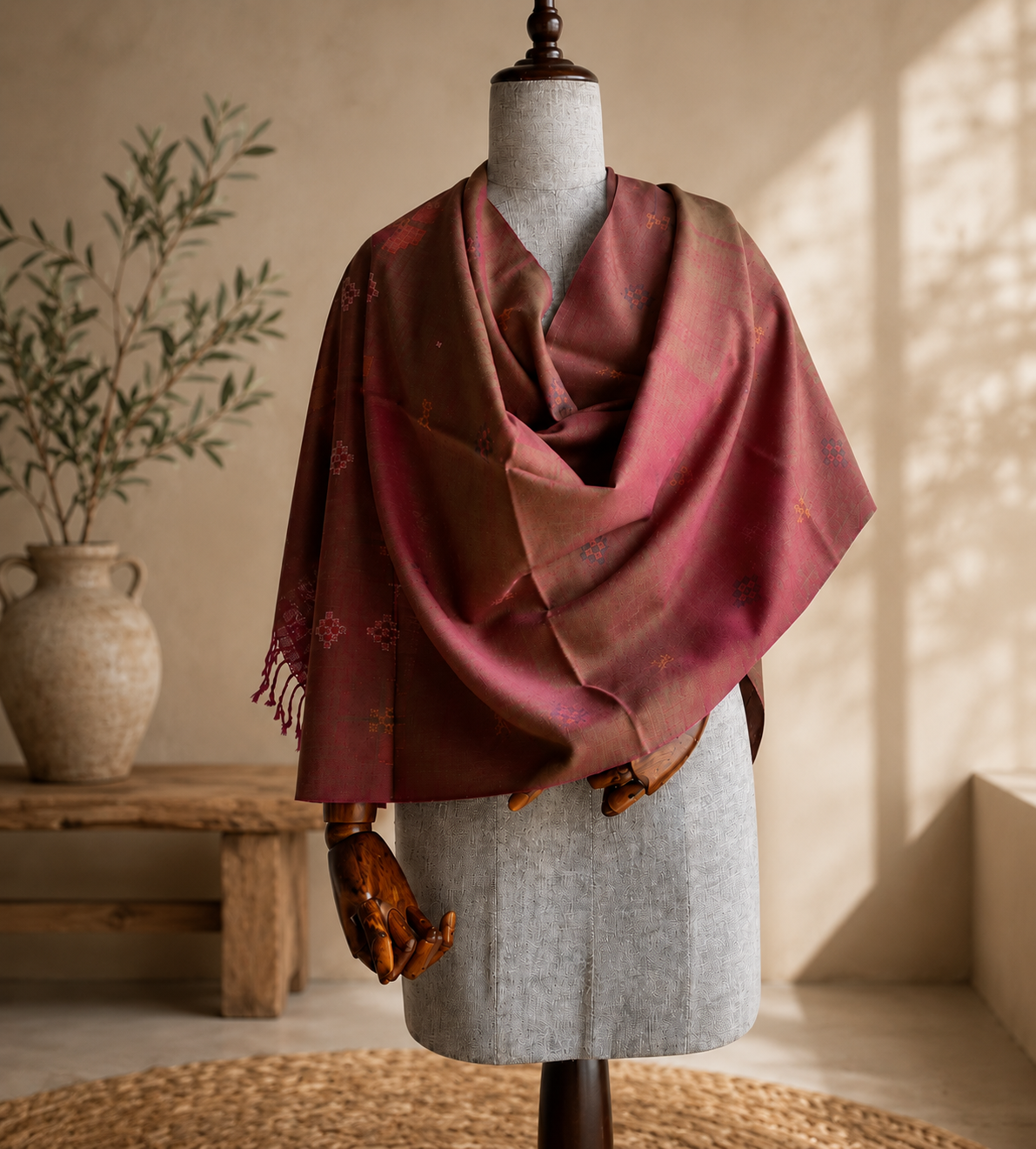Hand Woven Pure Merino Wool Stole - Magenta
