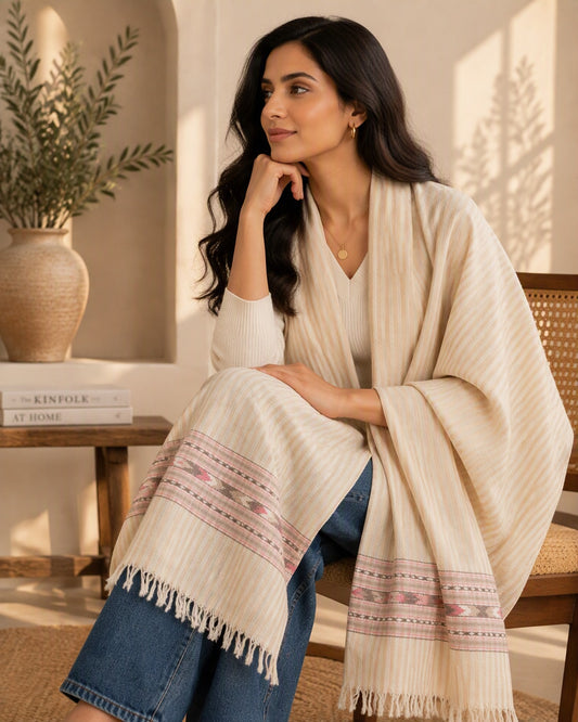 Hand Woven Pure Merino Wool Stole-  beige