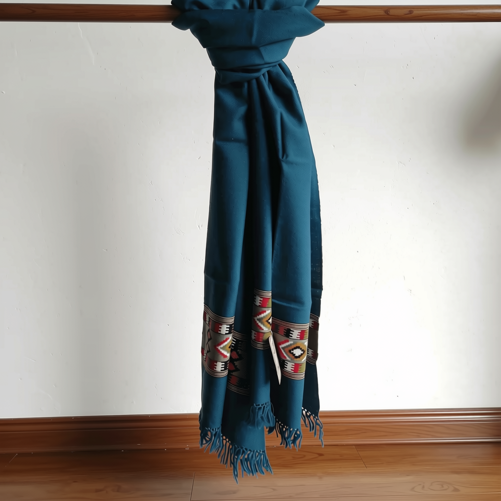 Hand Woven Pure Merino Wool Stole- Teal Blue