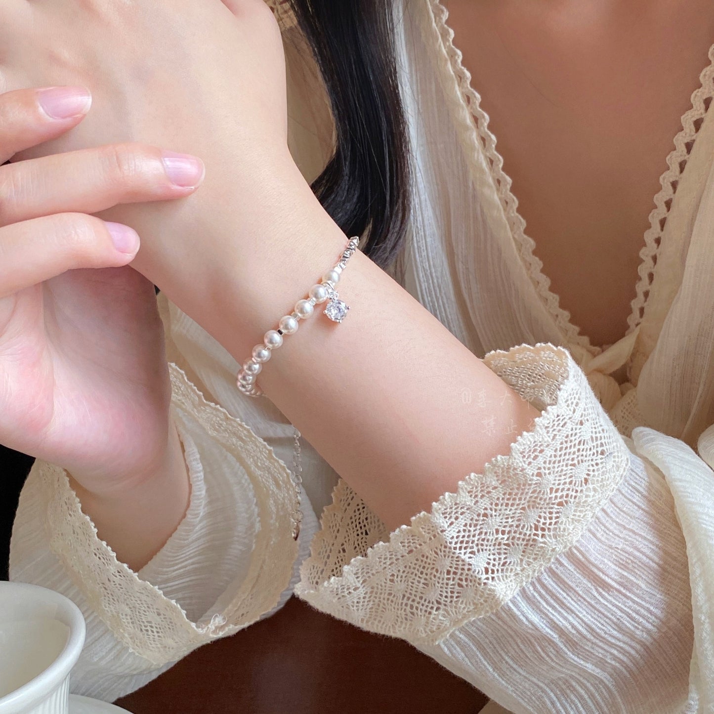 Pearl & Zircon Cat Charm Bracelet (Silver-Plated)