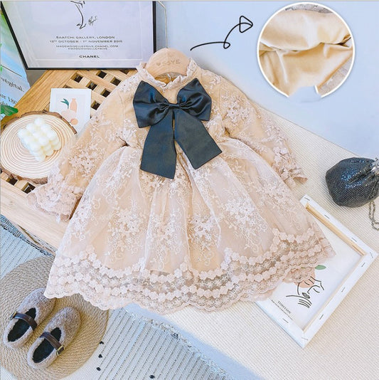 New Lace Bowknot Long Sleeve Dress