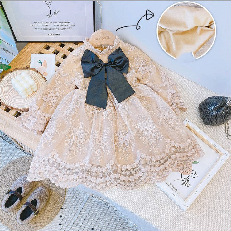 New Lace Bowknot Long Sleeve Dress