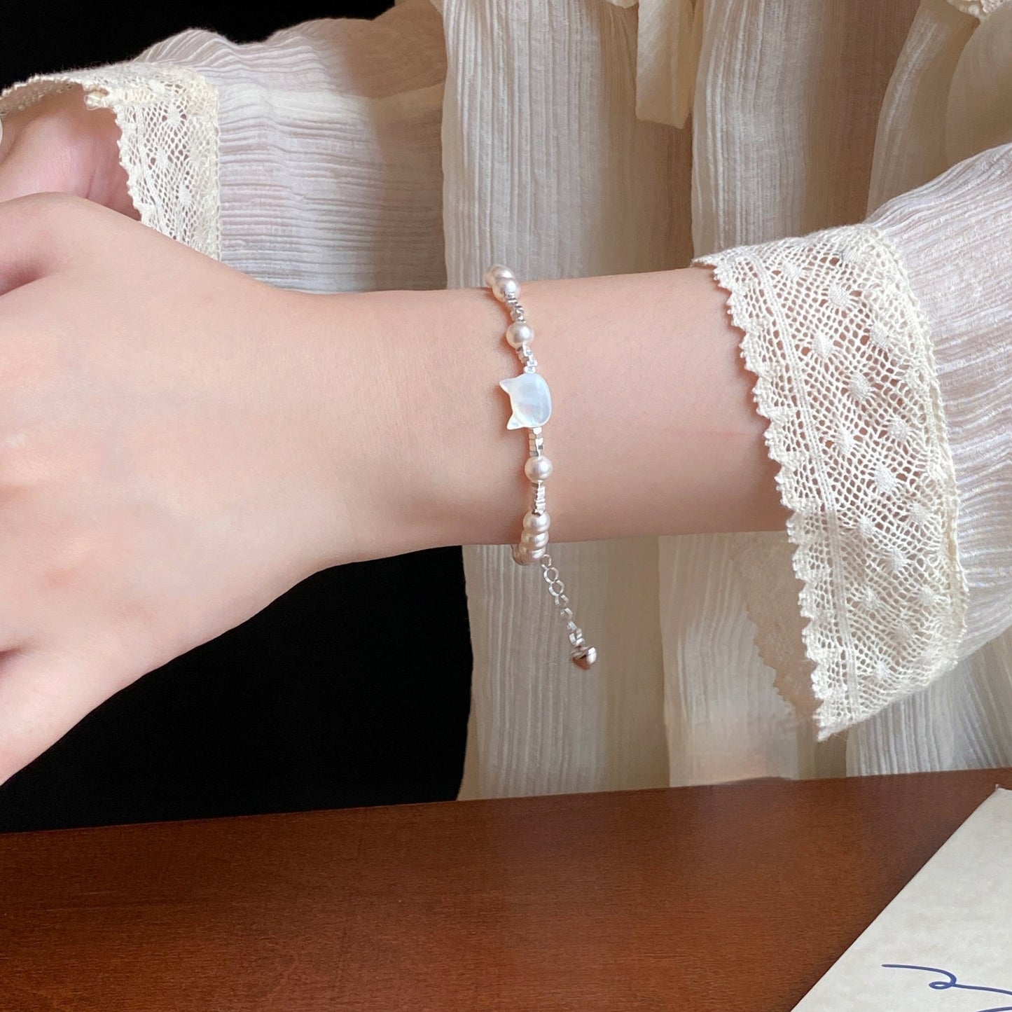 Pearl & Zircon Cat Charm Bracelet (Silver-Plated)