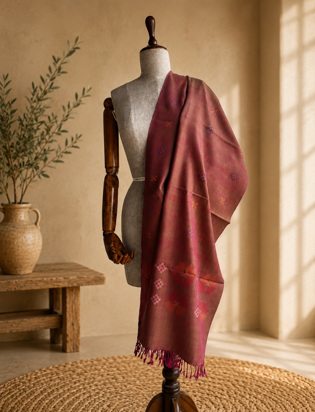 Hand Woven Pure Merino Wool Stole - Magenta