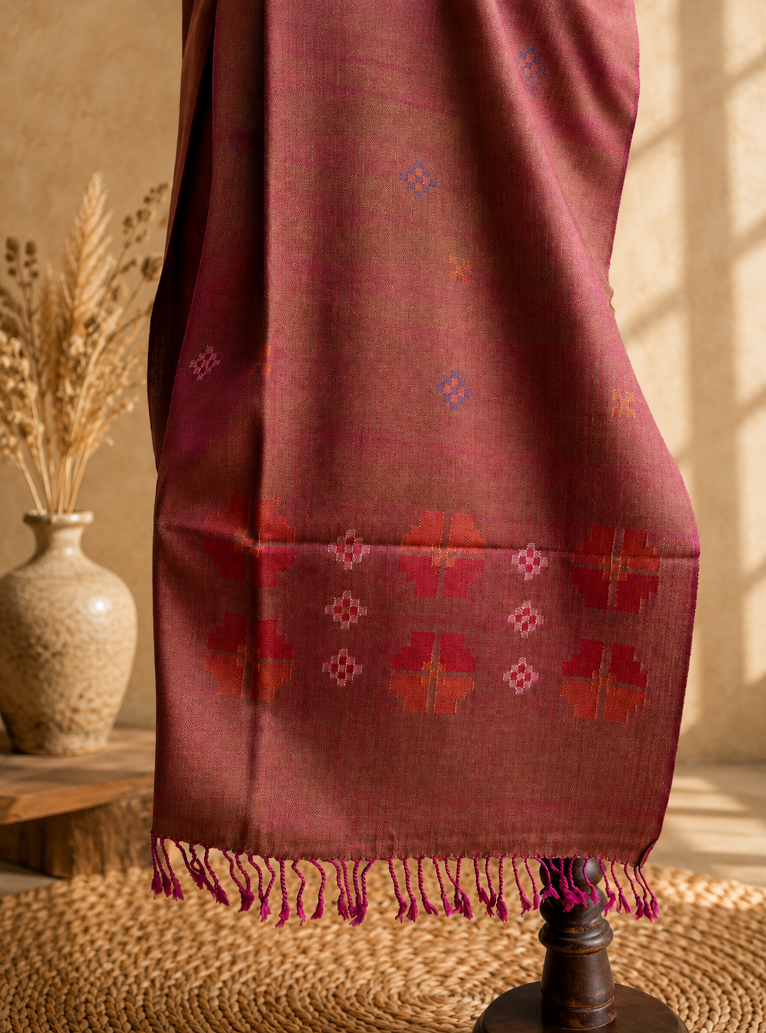 Hand Woven Pure Merino Wool Stole - Magenta