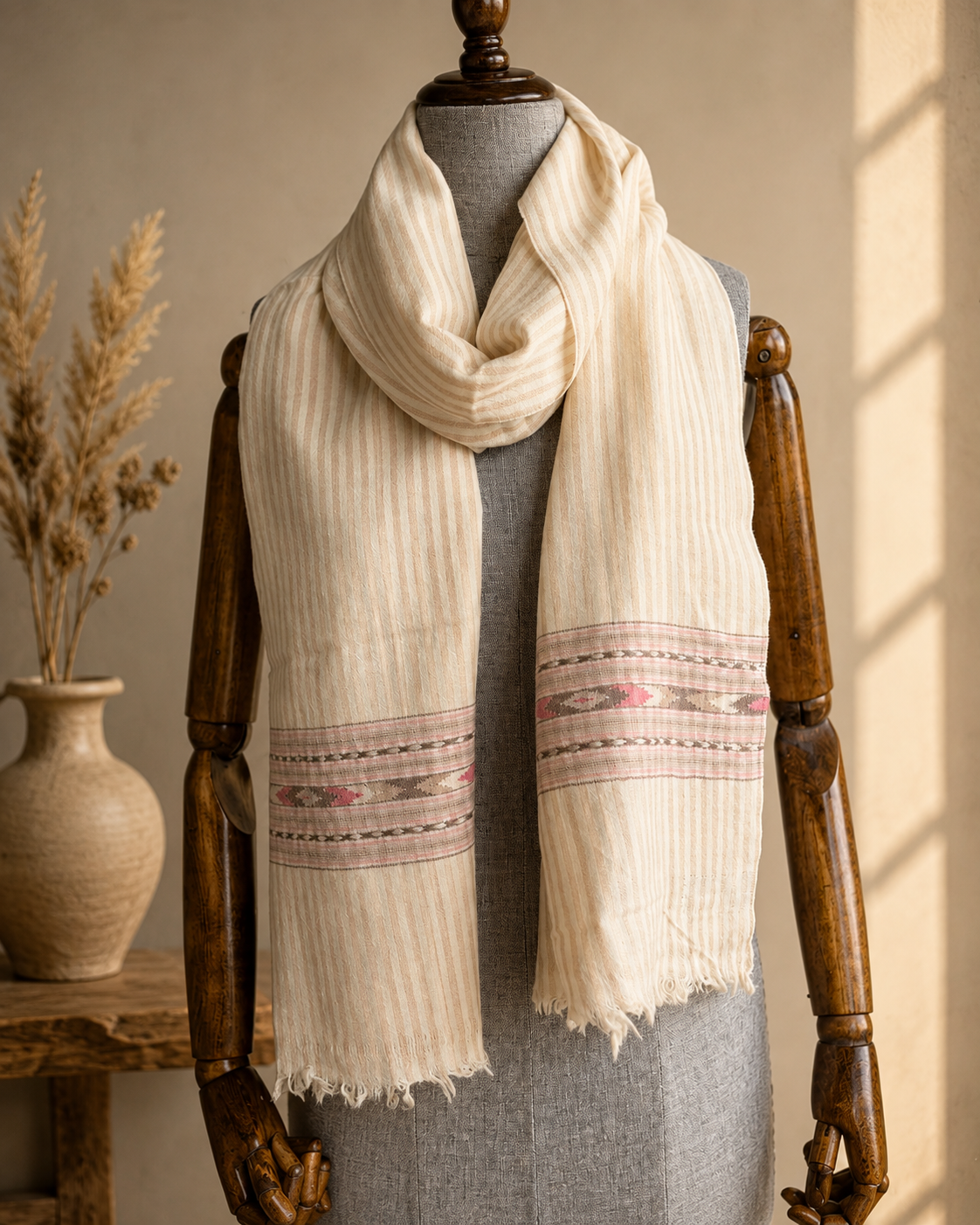 Hand Woven Pure Merino Wool Stole-  beige