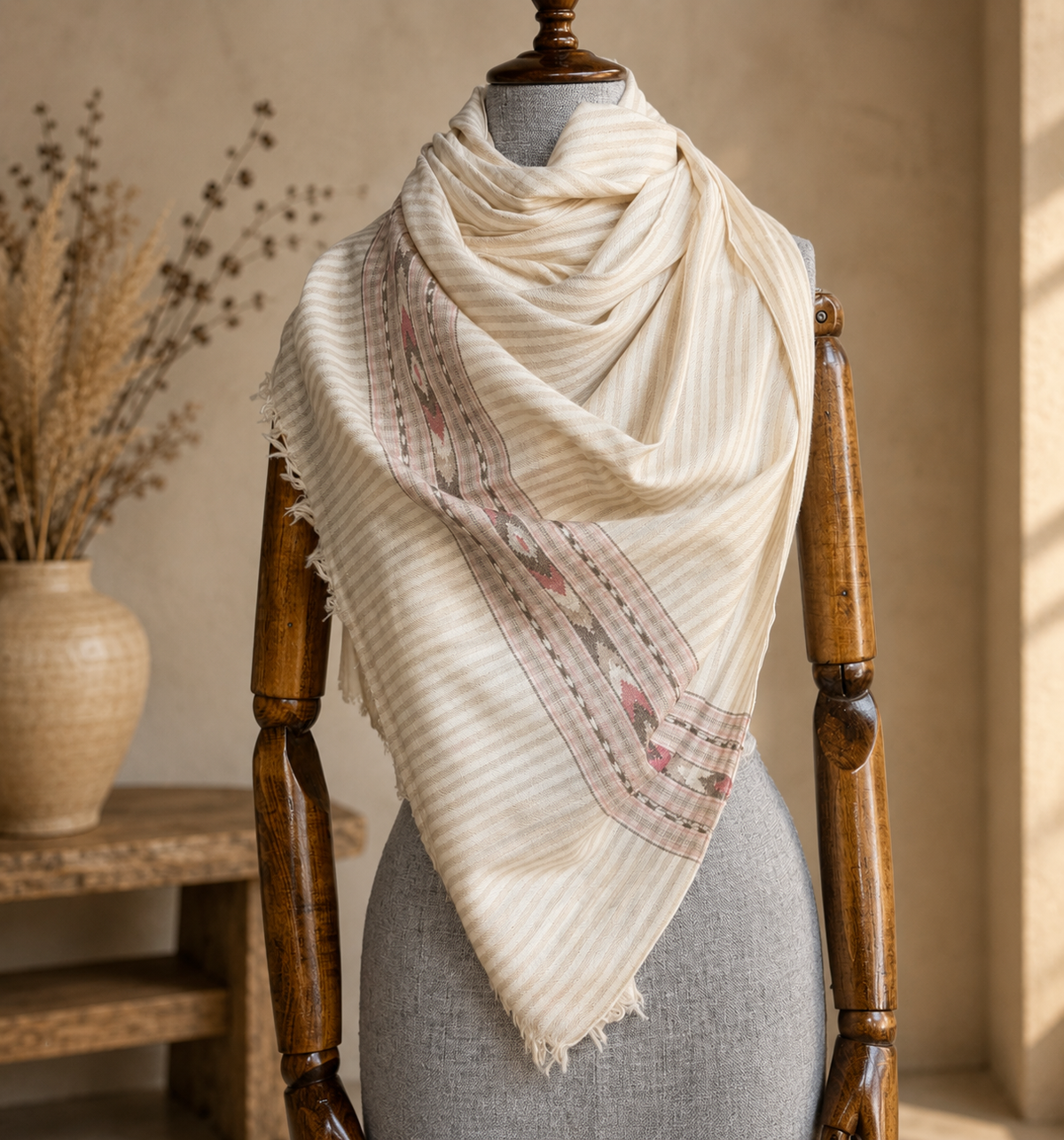 Hand Woven Pure Merino Wool Stole-  beige