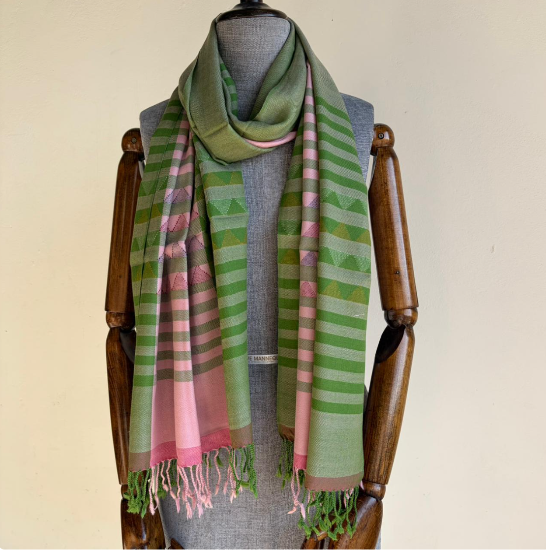 Hand Woven Pure Merino Wool Stole- Green and Pink