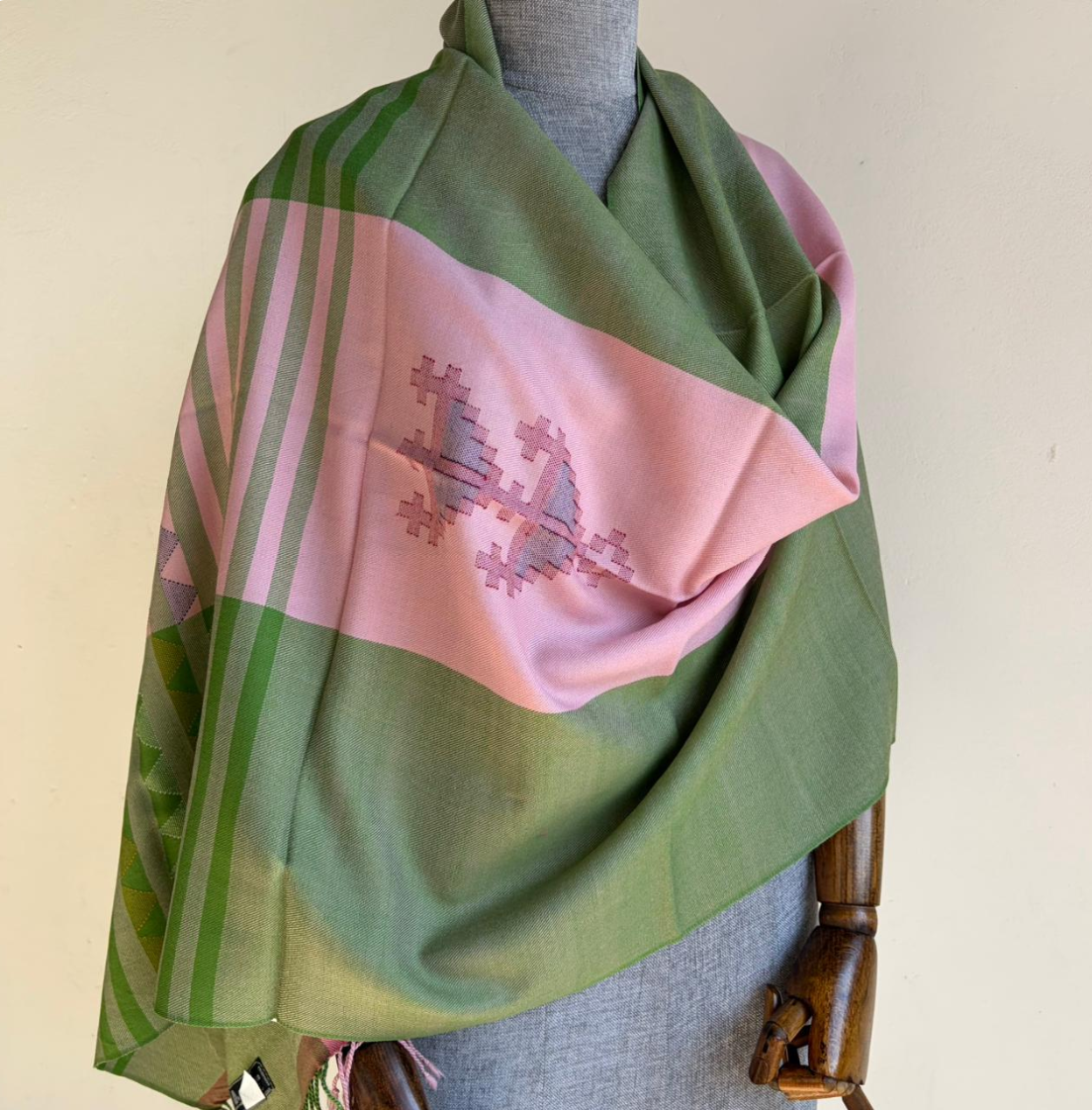 Hand Woven Pure Merino Wool Stole- Green and Pink