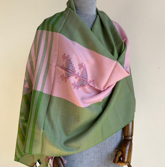 Hand Woven Pure Merino Wool Stole- Green and Pink