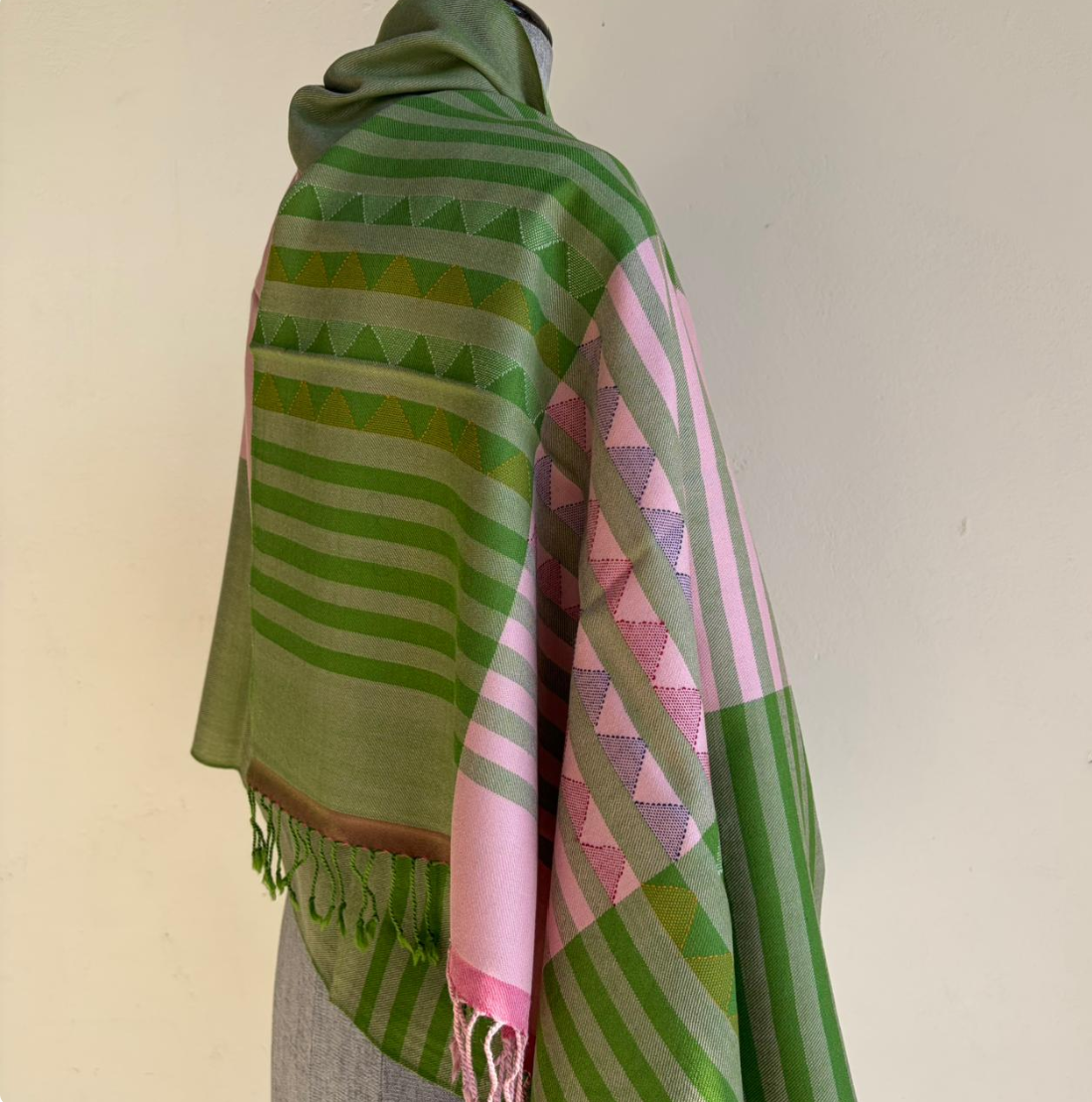 Hand Woven Pure Merino Wool Stole- Green and Pink